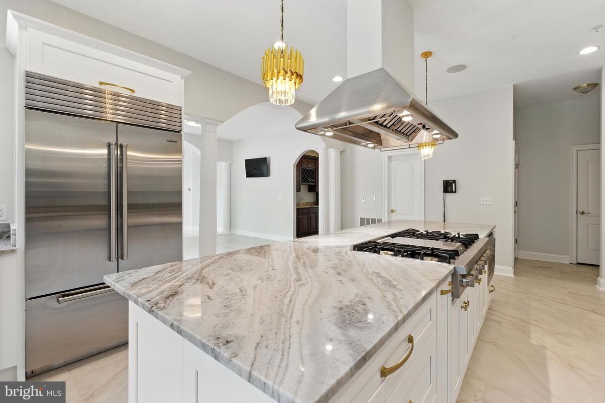 Interior, Kitchen, Marble, Pendant Lights, Recessed Lighting, Stainless Steel Appliances