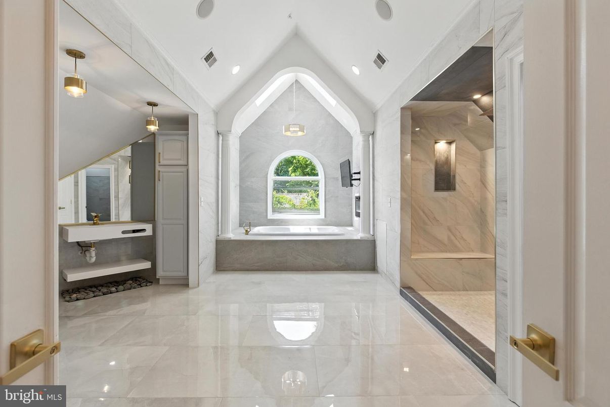 Bathroom, Glass Shower, Interior, Marble Walls, Recessed Lighting