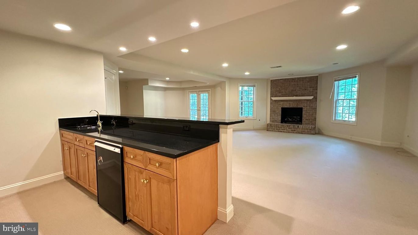 Empty room, Fireplace, Interior, Kitchen, Recessed Lighting, Stone Walls