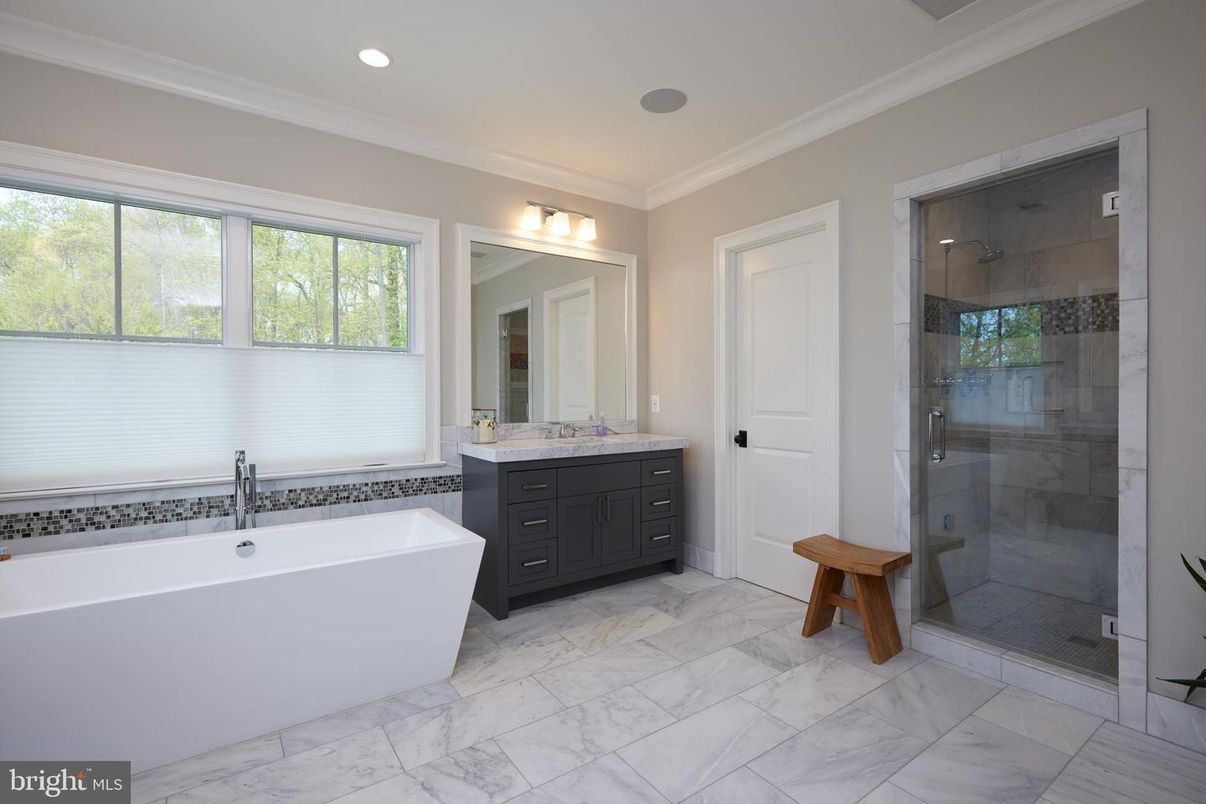 Bathroom, Free Standing Baths, Glass Shower, Interior, Marble, Recessed Lighting