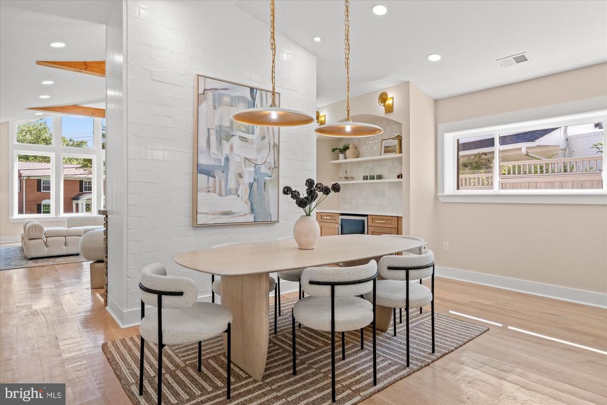 Dining room, Interior, Pendant Lights, Recessed Lighting, Wood Texture Flooring