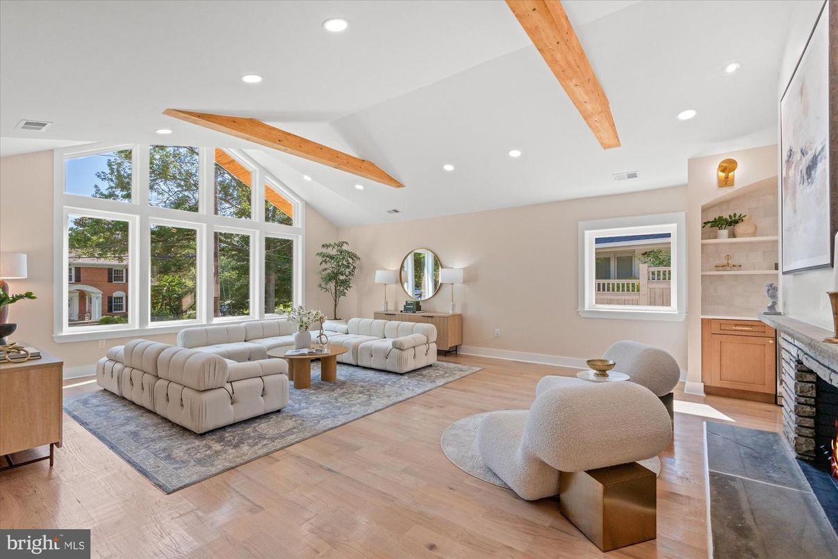 Fireplace, Interior, Living room, Recessed Lighting, Wooden Beams, Wood Texture Flooring