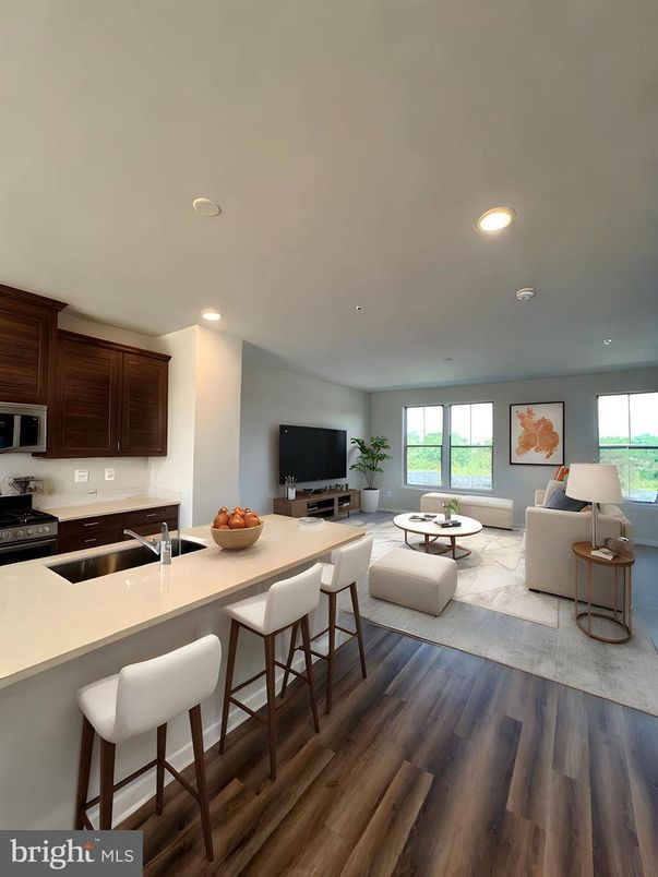 Dining room, Interior, Kitchen, Living room, Recessed Lighting, Wood Texture Flooring