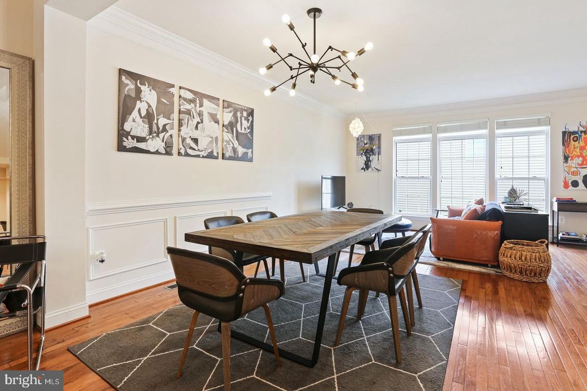 Dining room, Interior, Living room, Pendant Lights, Wood Texture Flooring