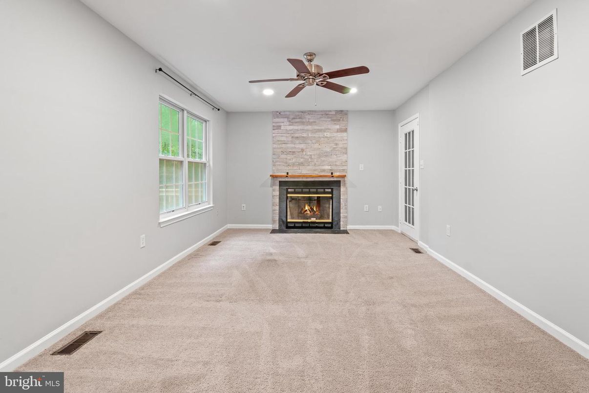Empty room, Fireplace, Interior, Recessed Lighting, Stone Walls