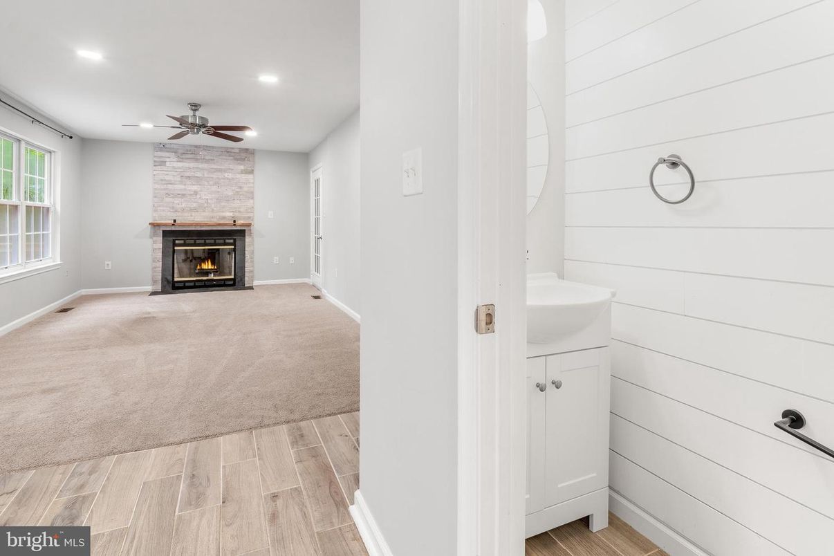 Fireplace, Interior, Recessed Lighting, Wood Texture Flooring