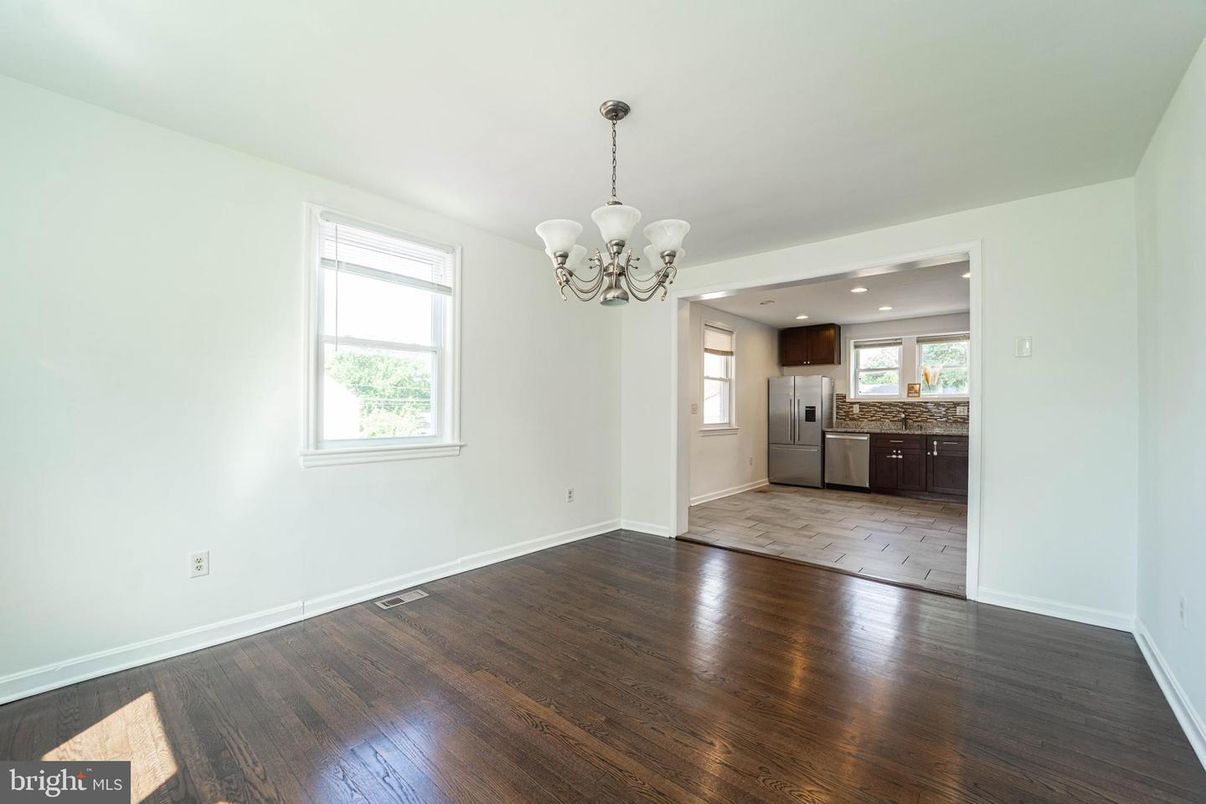 Chandelier, Empty room, Interior, Kitchen, Recessed Lighting, Wood Texture Flooring