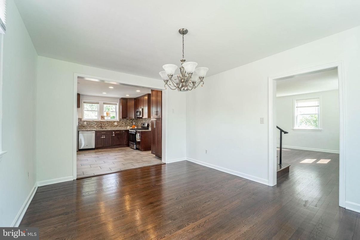 Chandelier, Empty room, Interior, Kitchen, Recessed Lighting, Wood Texture Flooring