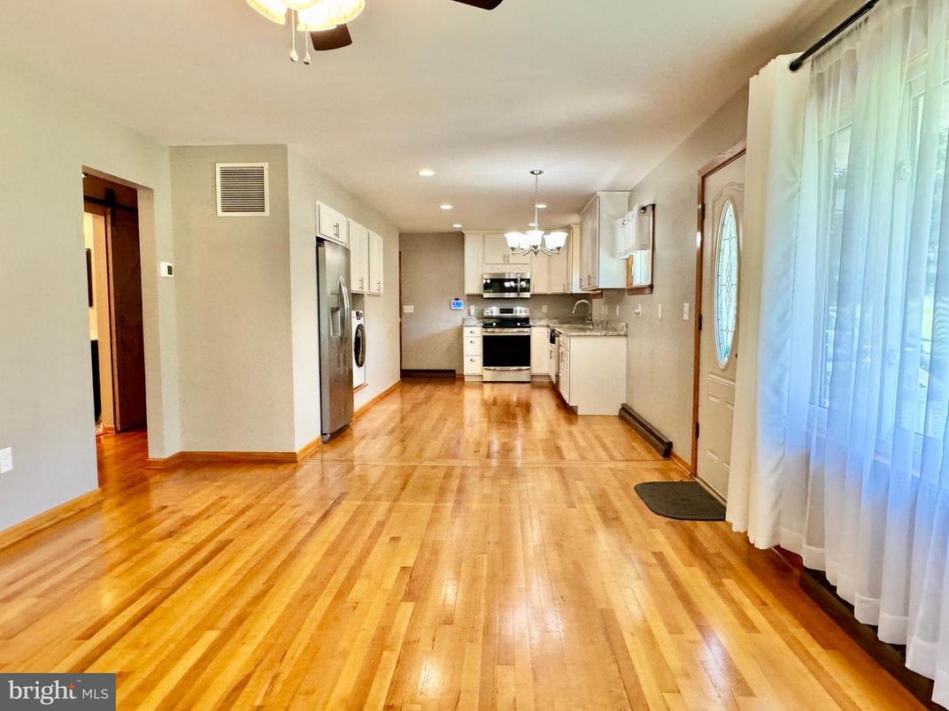 Chandelier, Interior, Kitchen, Recessed Lighting, Stainless Steel Appliances, Wood Texture Flooring