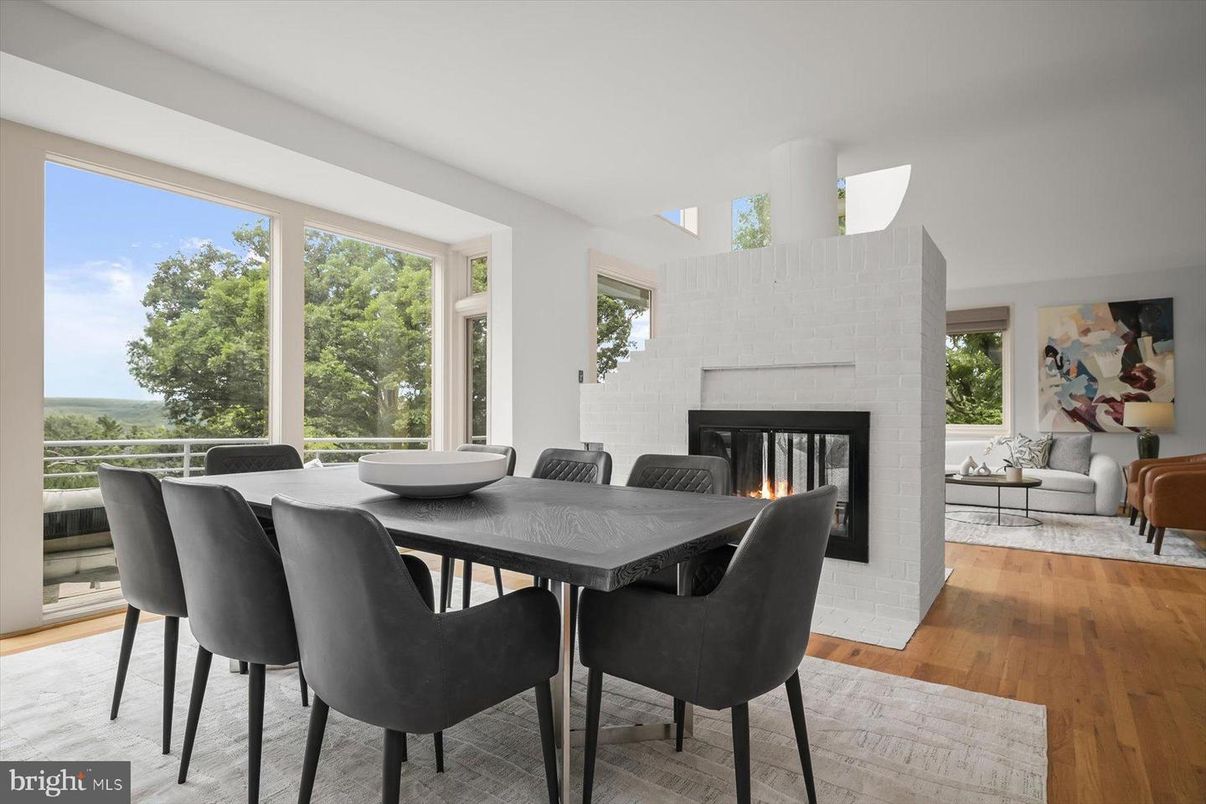 Dining room, Fireplace, Interior, Living room, Wood Texture Flooring