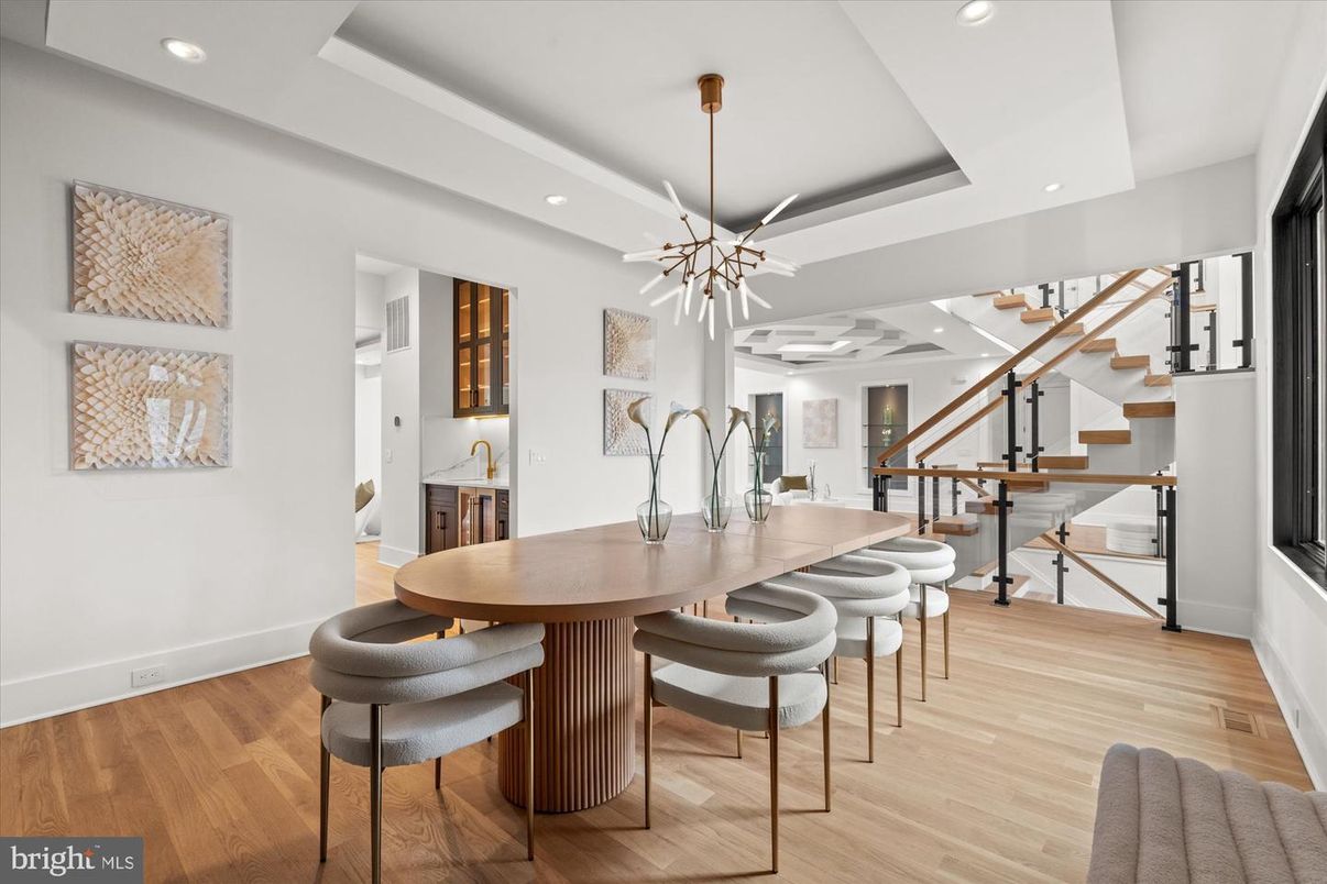 Dining room, Interior, Pendant Lights, Recessed Lighting, Wood Texture Flooring