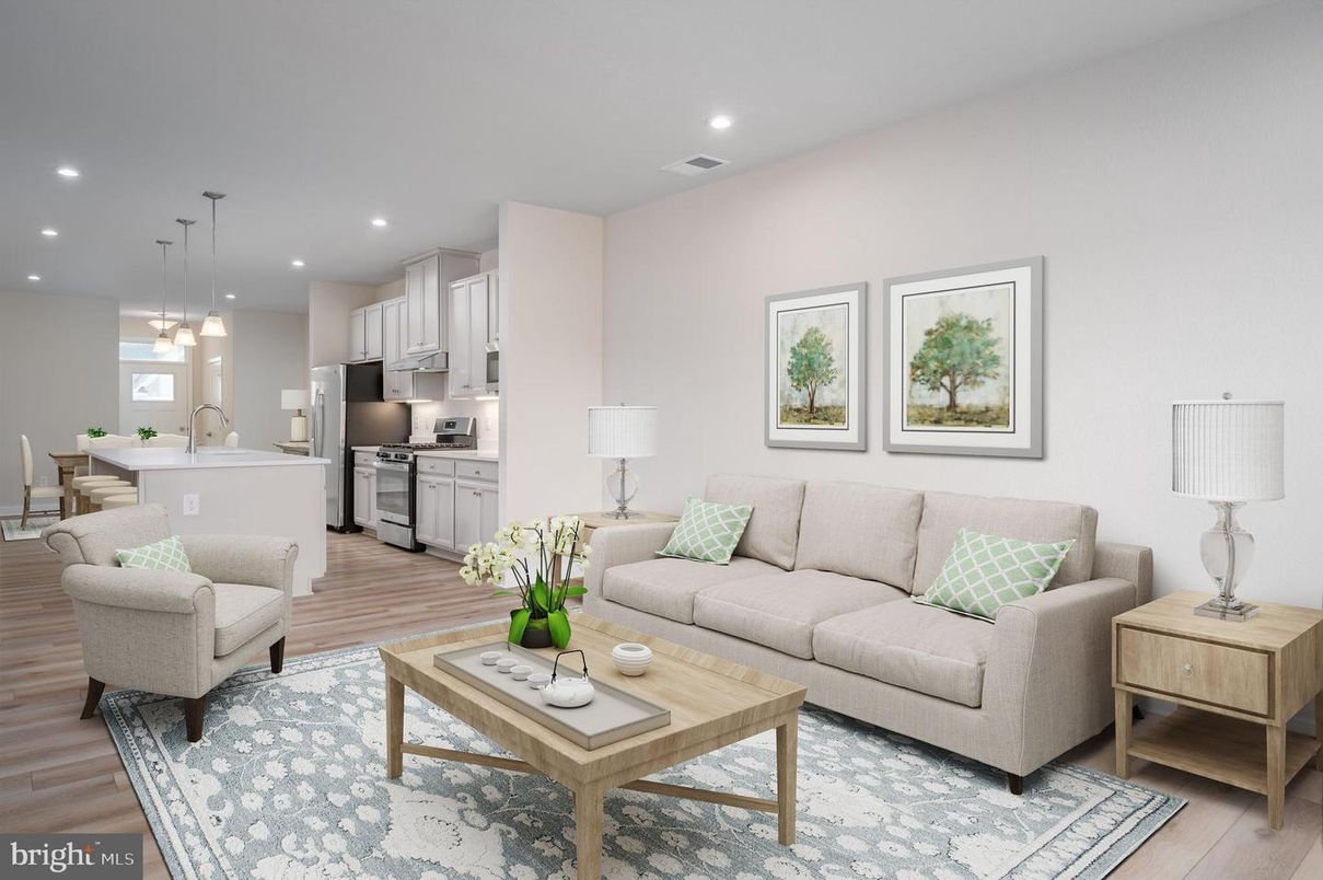 Dining room, Interior, Kitchen, Living room, Pendant Lights, Recessed Lighting, Stainless Steel Appliances, Wood Texture Flooring