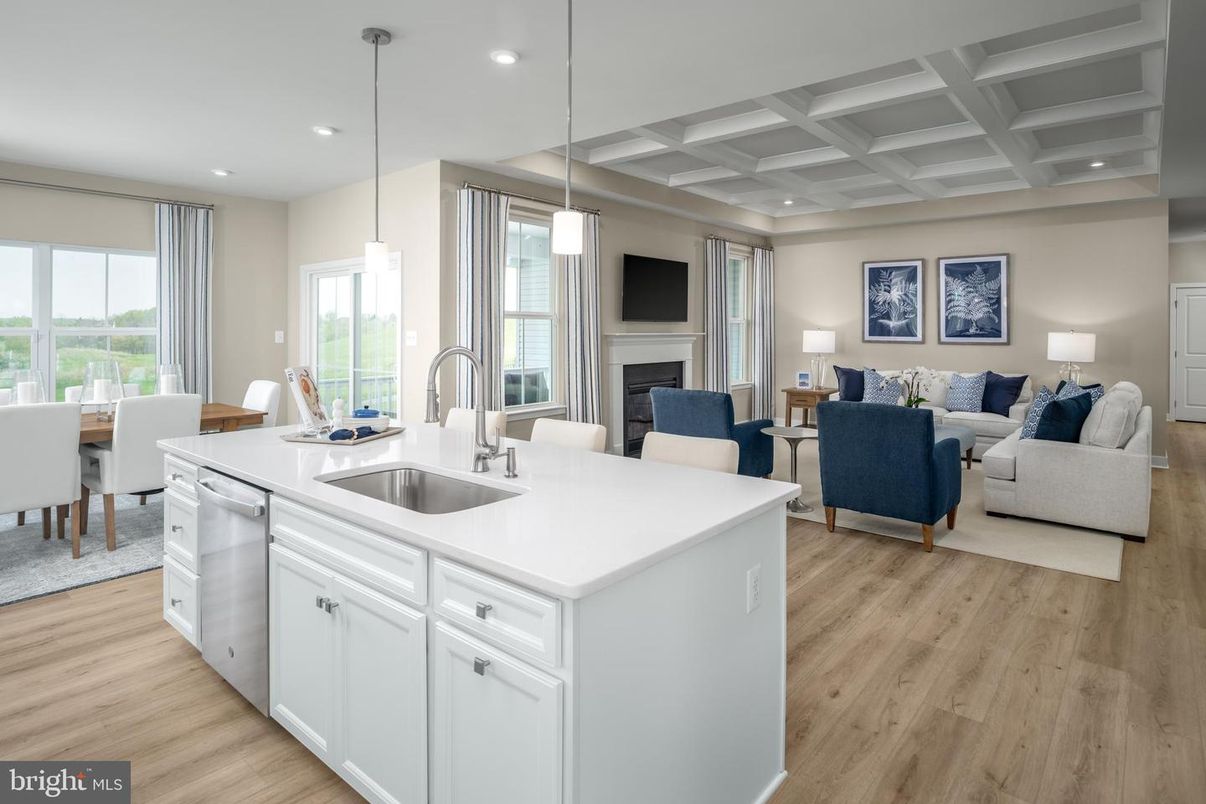 Dining room, Fireplace, Interior, Kitchen, Living room, Pendant Lights, Recessed Lighting, Wood Texture Flooring