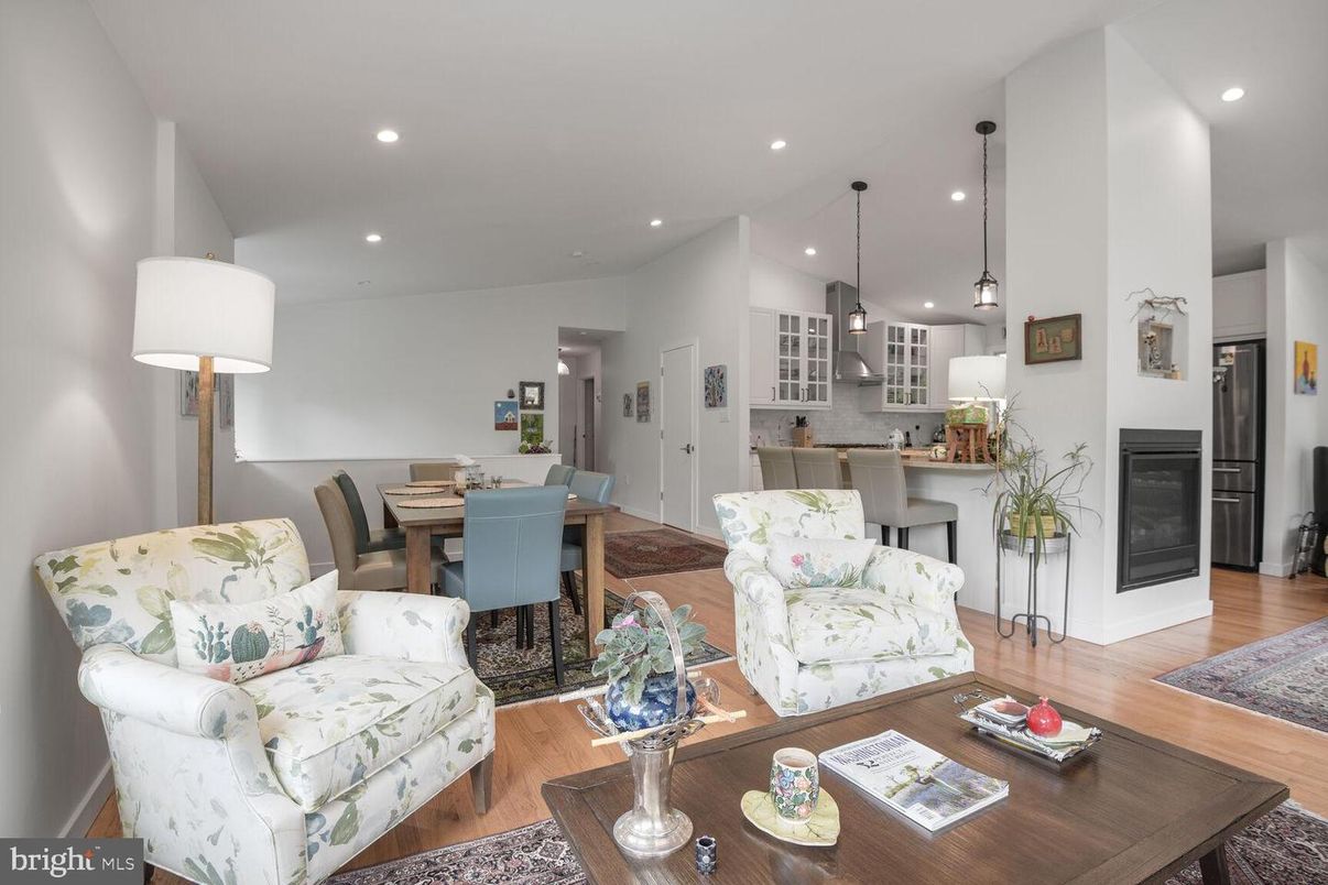 Dining room, Fireplace, Interior, Kitchen, Living room, Pendant Lights, Recessed Lighting, Wood Texture Flooring