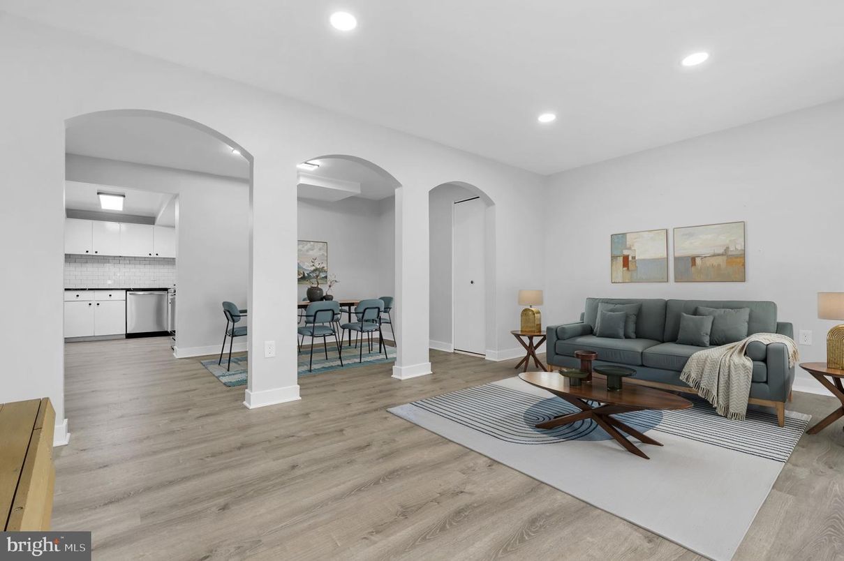 Dining room, Interior, Kitchen, Living room, Recessed Lighting, Stainless Steel Appliances, Wood Texture Flooring