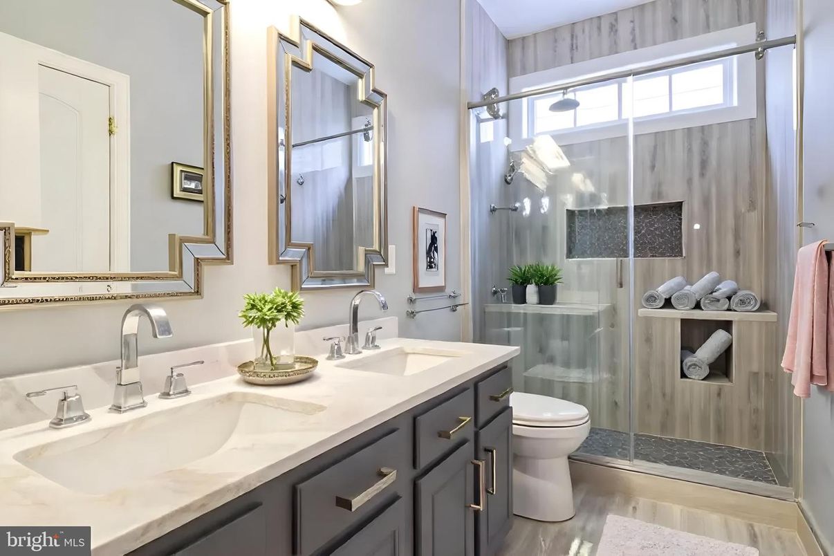 Bathroom, Dual Sink Vanities, Glass Shower, Interior, Wood Texture Flooring