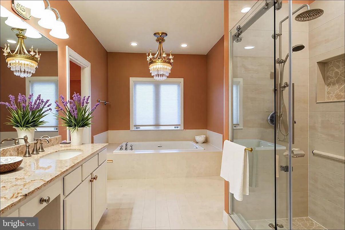Bathroom, Chandelier, Dual Sink Vanities, Glass Shower, Interior, Recessed Lighting