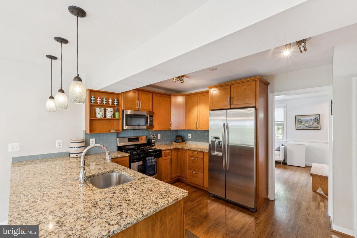 Interior, Kitchen, Pendant Lights, Stainless Steel Appliances, Wood Texture Flooring