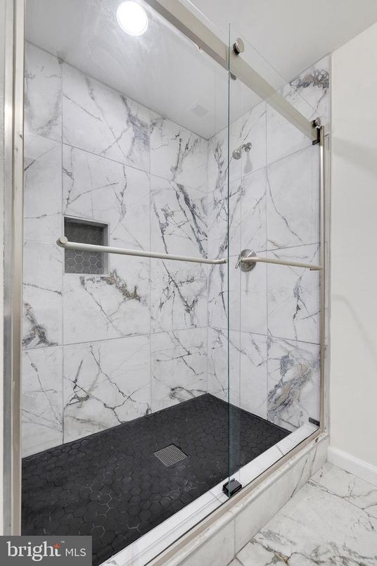Bathroom, Glass Shower, Interior, Marble, Marble Walls, Recessed Lighting