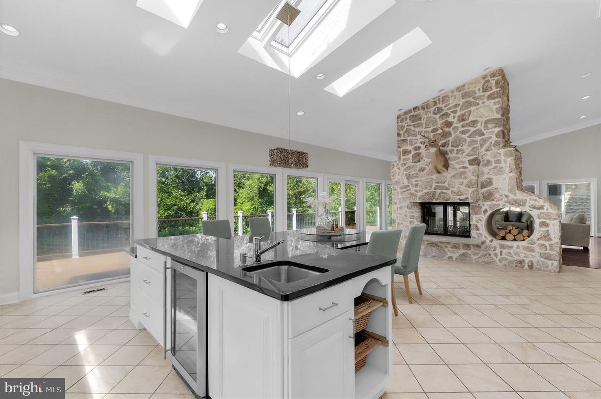 Dining room, Fireplace, Interior, Kitchen, Recessed Lighting, Stone Walls