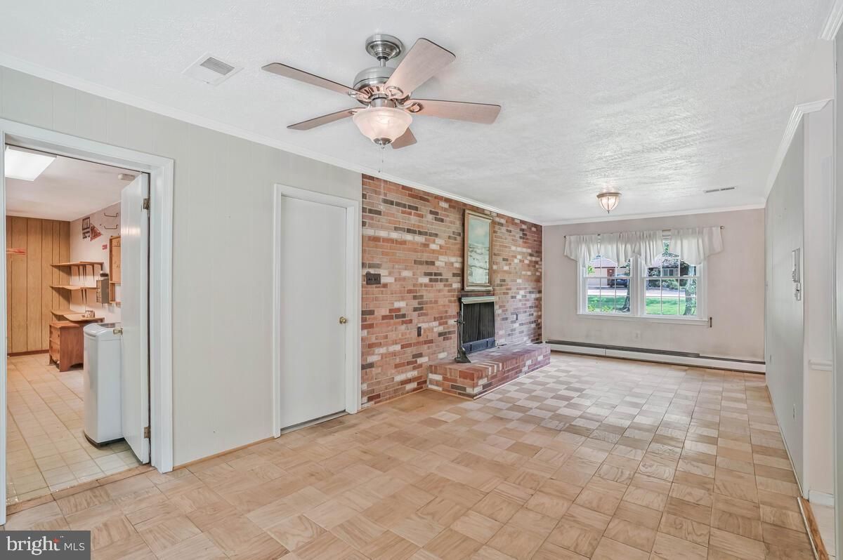 Empty room, Fireplace, Interior, Stone Walls, Wood Texture Flooring