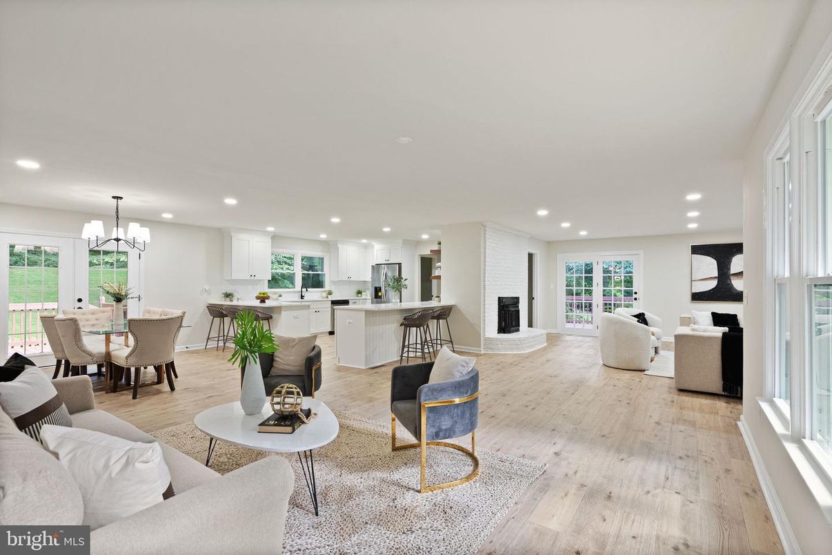 Chandelier, Dining room, Fireplace, Interior, Kitchen, Living room, Pendant Lights, Recessed Lighting, Wood Texture Flooring