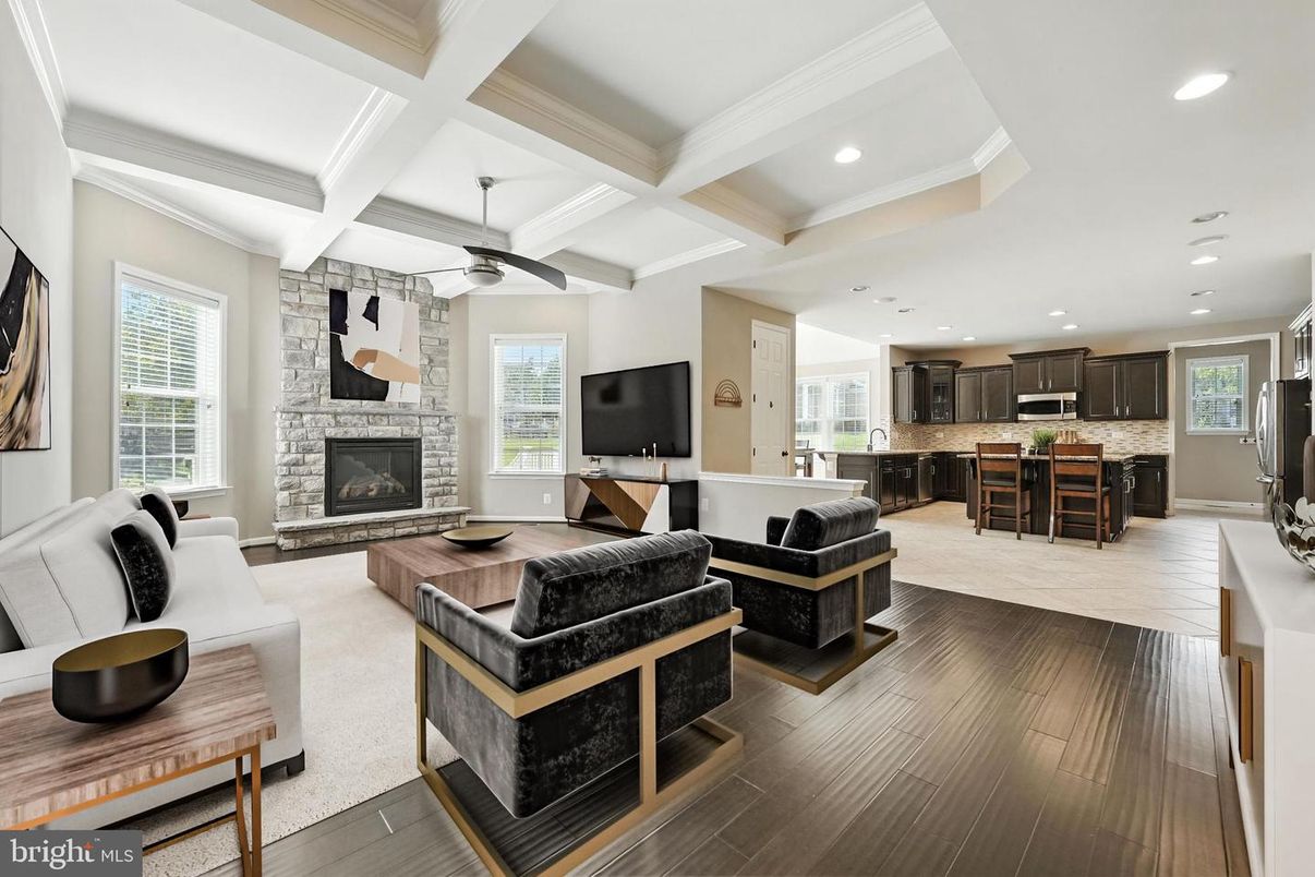 Fireplace, Interior, Kitchen, Living room, Recessed Lighting, Stone Walls, Wood Texture Flooring