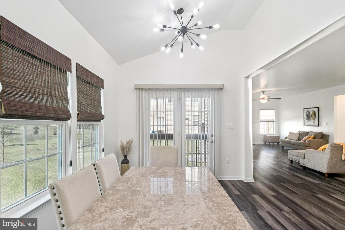 Dining room, Interior, Living room, Pendant Lights, Wood Texture Flooring