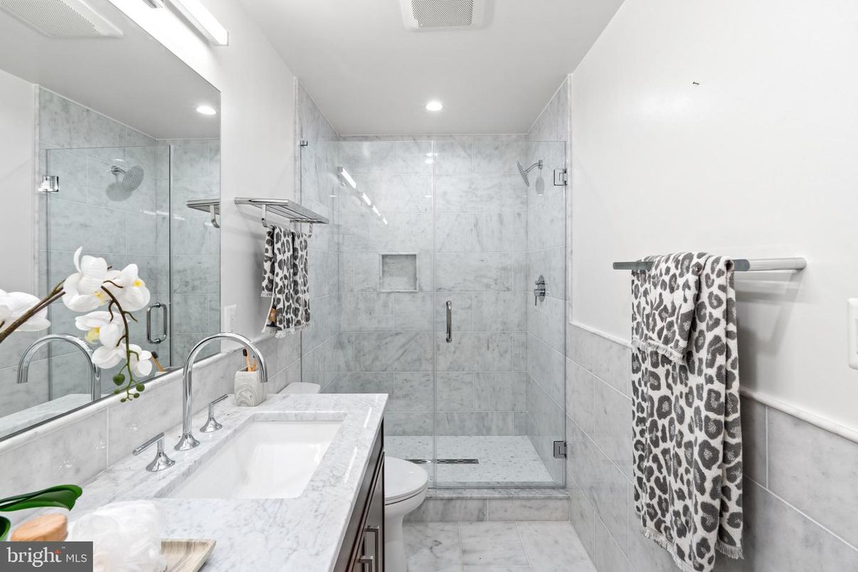 Bathroom, Glass Shower, Interior, Marble, Marble Walls, Recessed Lighting