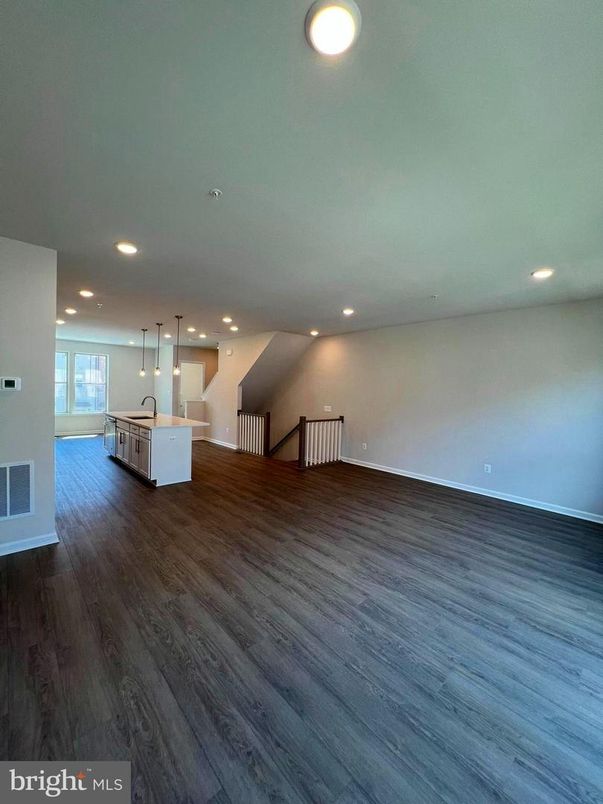 Empty room, Interior, Kitchen, Pendant Lights, Recessed Lighting, Wood Texture Flooring