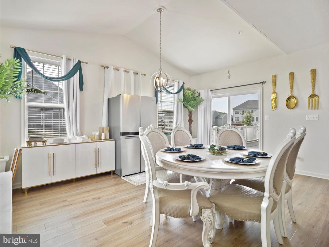 Dining room, Interior, Pendant Lights, Wood Texture Flooring