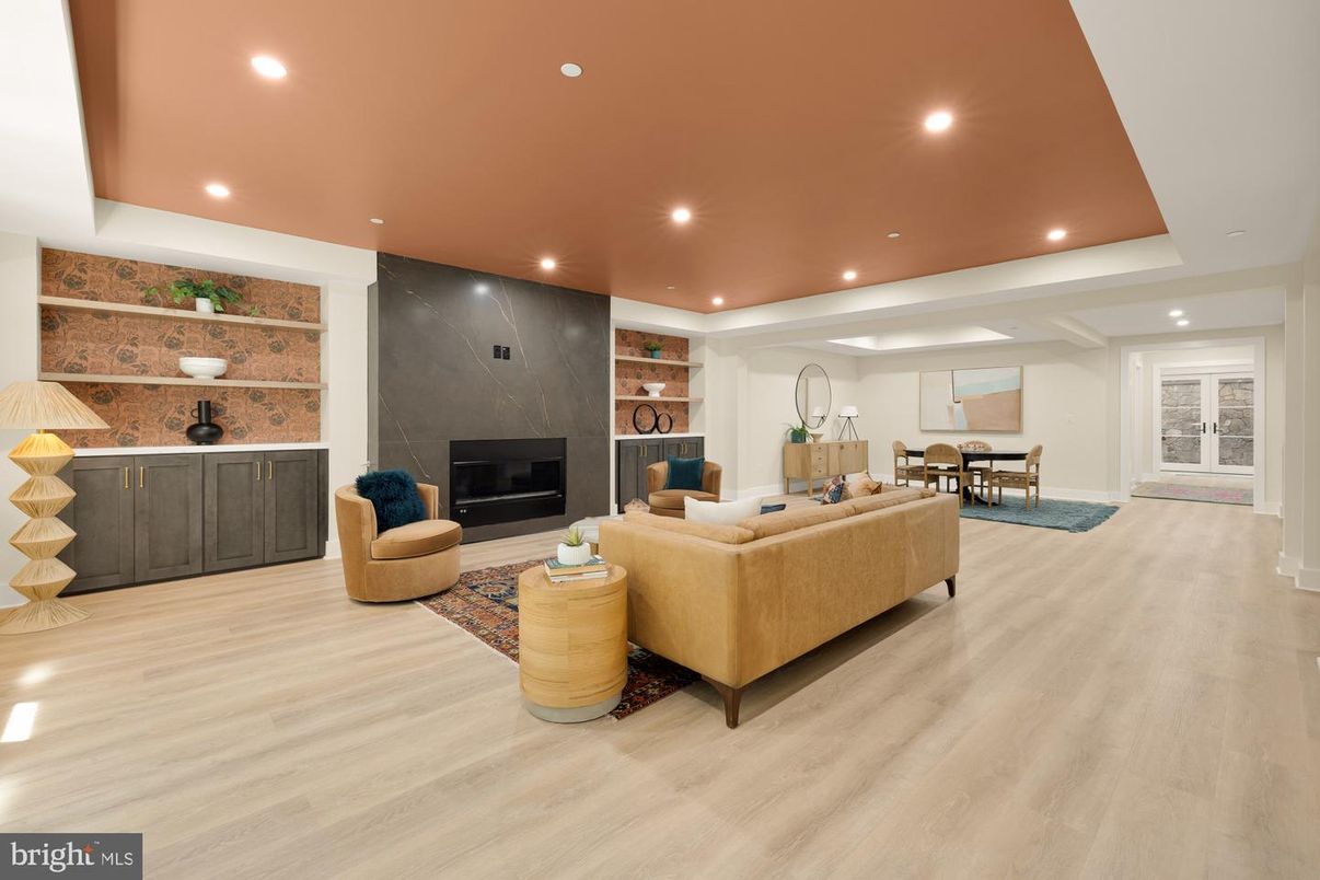Dining room, Fireplace, Interior, Living room, Recessed Lighting, Wood Texture Flooring