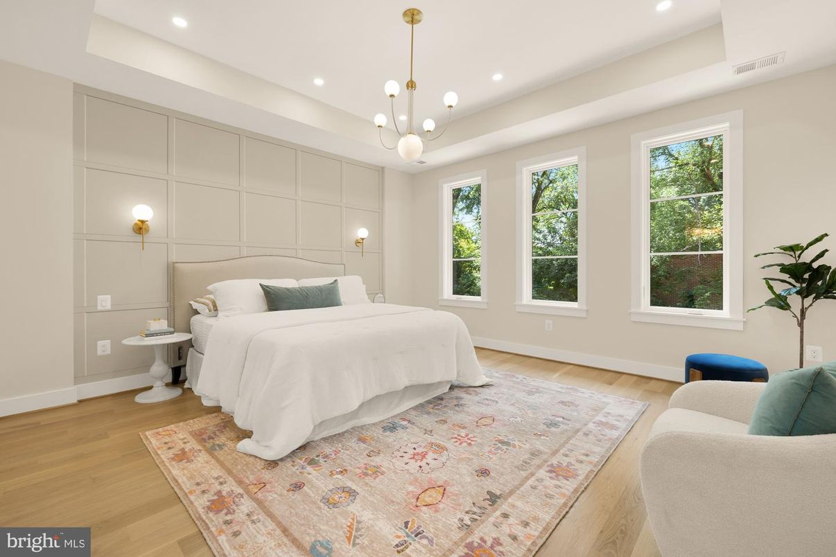 Bedroom, Interior, Pendant Lights, Recessed Lighting, Wood Texture Flooring