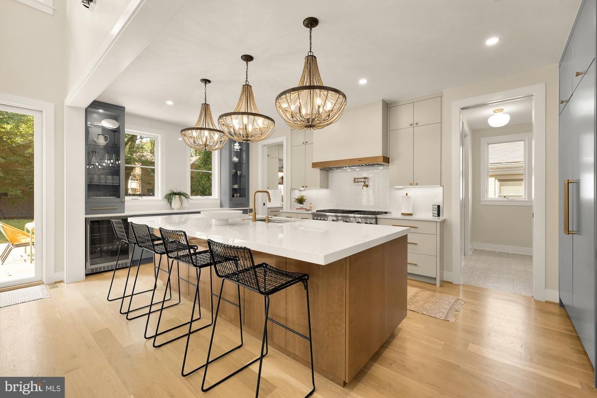 Chandelier, Interior, Kitchen, Pendant Lights, Recessed Lighting, Wood Texture Flooring