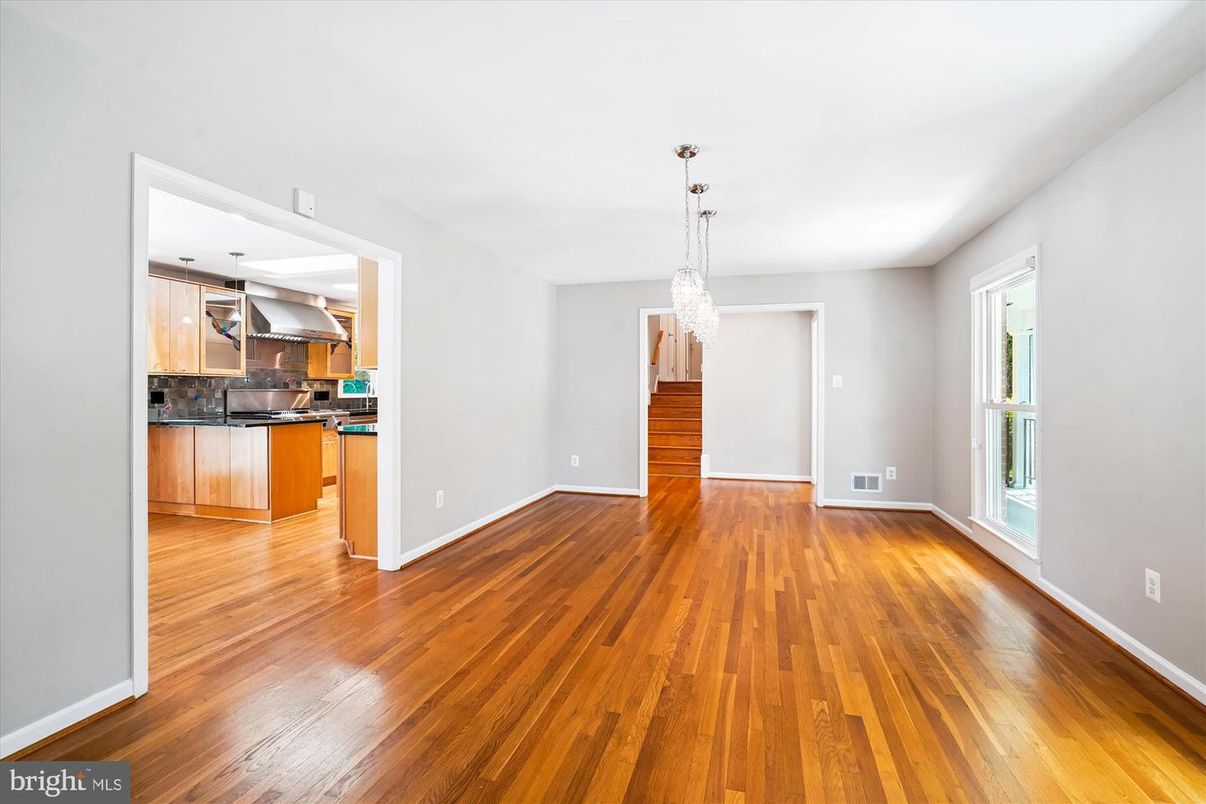 Chandelier, Empty room, Interior, Kitchen, Stainless Steel Appliances, Wood Texture Flooring