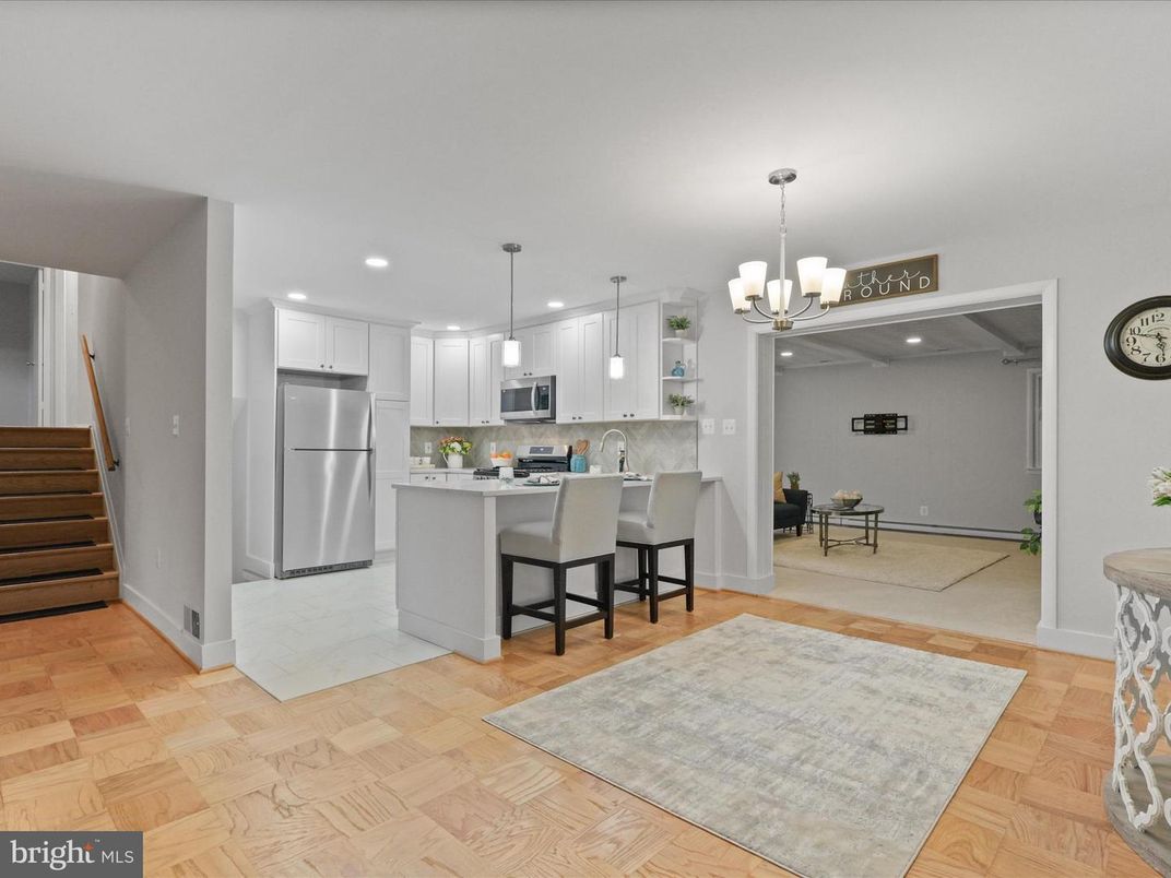 Chandelier, Interior, Kitchen, Pendant Lights, Recessed Lighting, Stainless Steel Appliances, Wood Texture Flooring