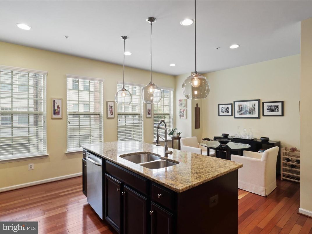 Dining room, Interior, Kitchen, Pendant Lights, Recessed Lighting, Wood Texture Flooring