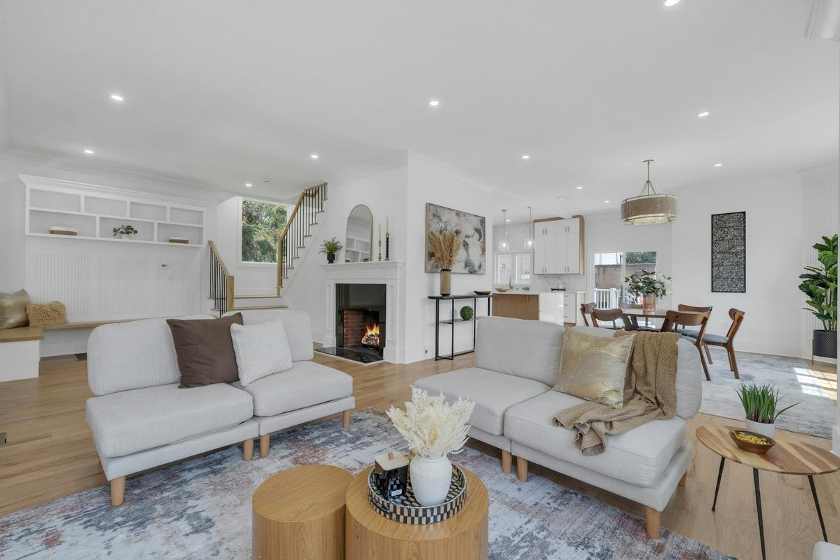 Dining room, Fireplace, Interior, Kitchen, Living room, Pendant Lights, Recessed Lighting, Wood Texture Flooring