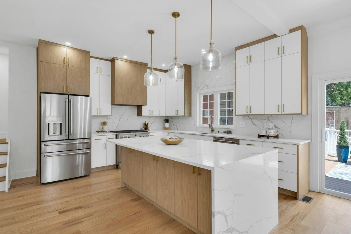 Interior, Kitchen, Marble Walls, Pendant Lights, Recessed Lighting, Stainless Steel Appliances, Wood Texture Flooring