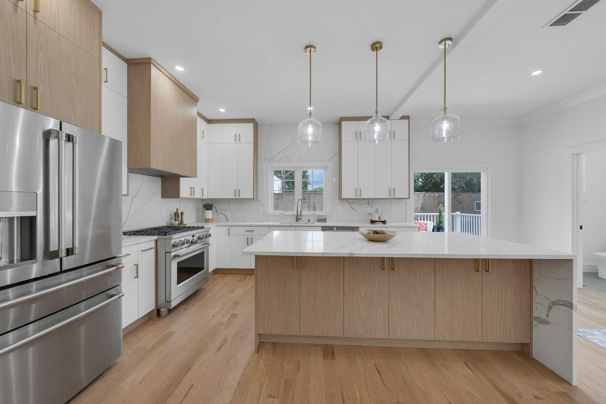 Interior, Kitchen, Pendant Lights, Recessed Lighting, Stainless Steel Appliances, Wood Texture Flooring