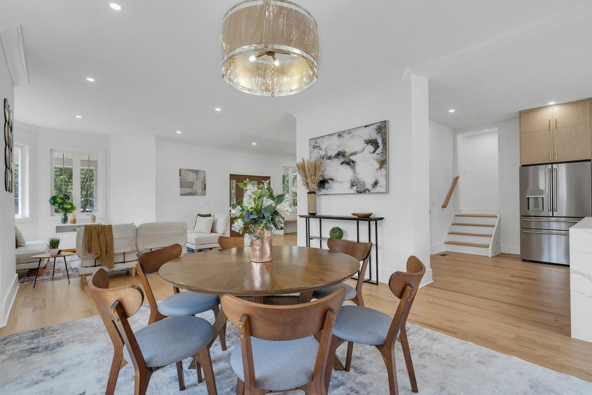 Dining room, Interior, Kitchen, Living room, Recessed Lighting, Stainless Steel Appliances, Wood Texture Flooring