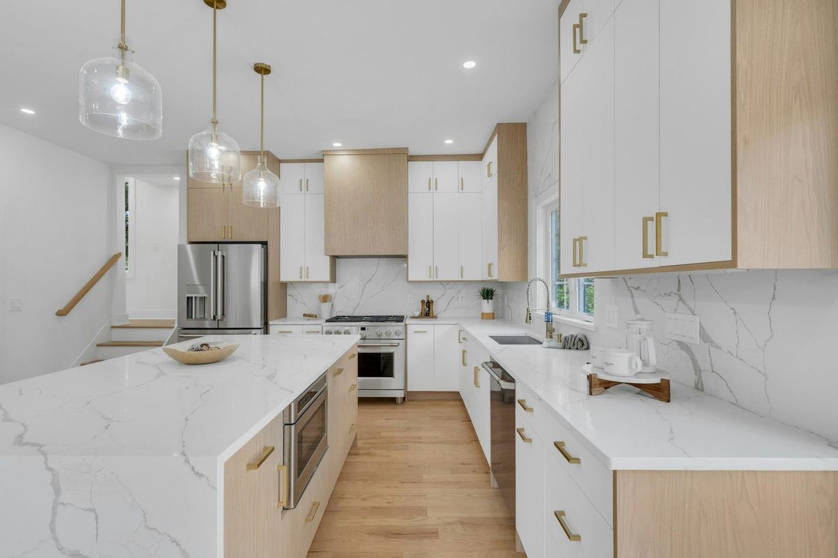 Interior, Kitchen, Pendant Lights, Recessed Lighting, Stainless Steel Appliances, Wood Texture Flooring