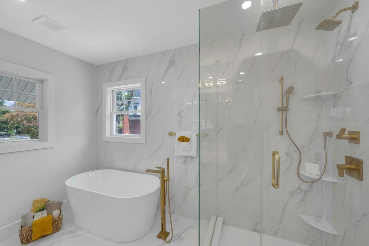 Bathroom, Free Standing Baths, Glass Shower, Interior, Marble, Marble Walls, Recessed Lighting