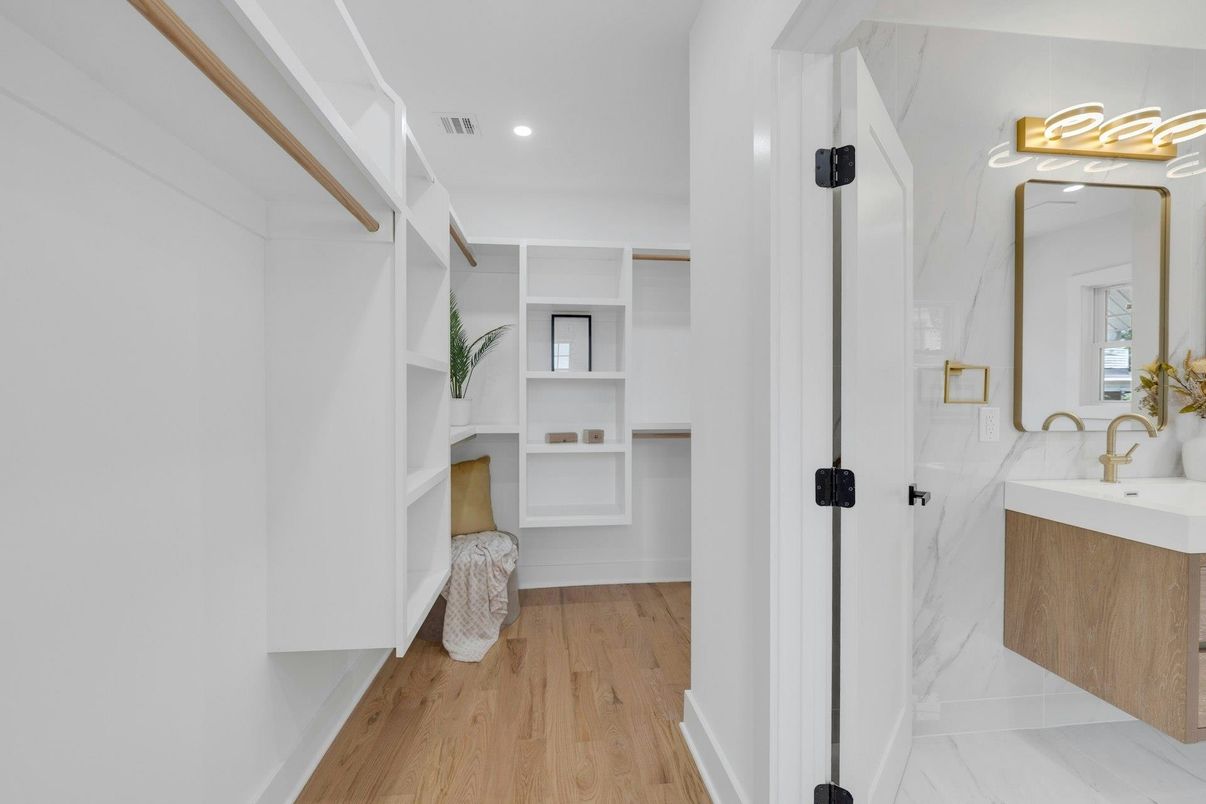 Bathroom, Interior, Marble, Recessed Lighting, Walk-in Closets, Wood Texture Flooring