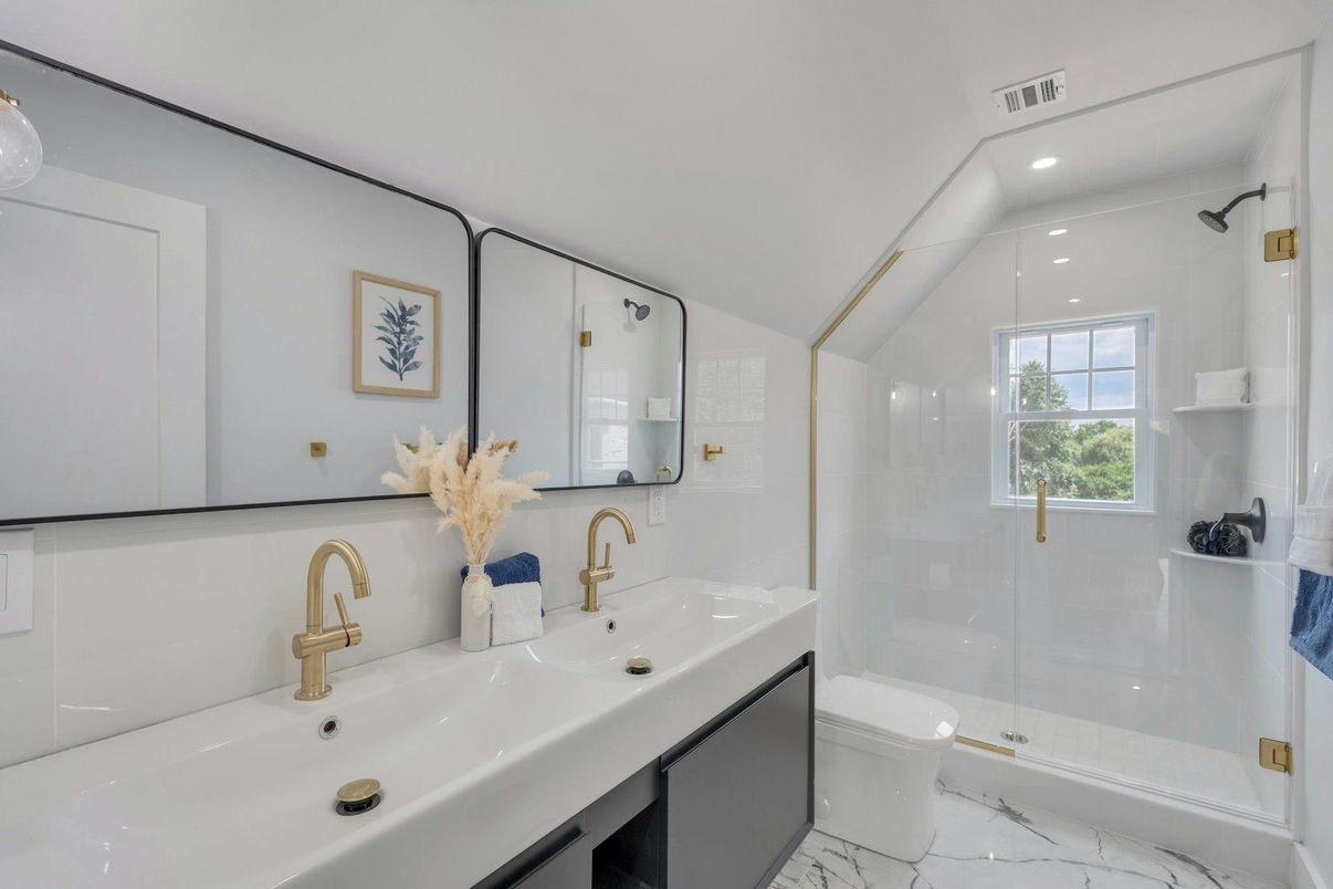 Bathroom, Glass Shower, Interior, Marble, Recessed Lighting