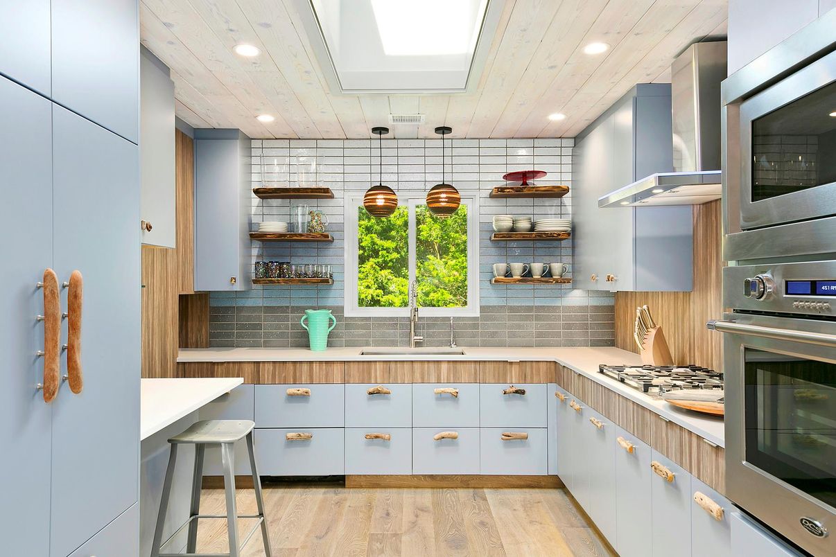 Interior, Kitchen, Pendant Lights, Recessed Lighting, Stainless Steel Appliances, Wooden Ceilings, Wood Texture Flooring