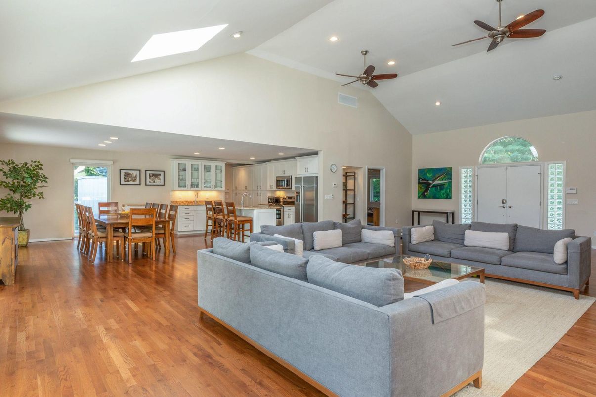 Dining room, Interior, Kitchen, Living room, Recessed Lighting, Stainless Steel Appliances, Wood Texture Flooring