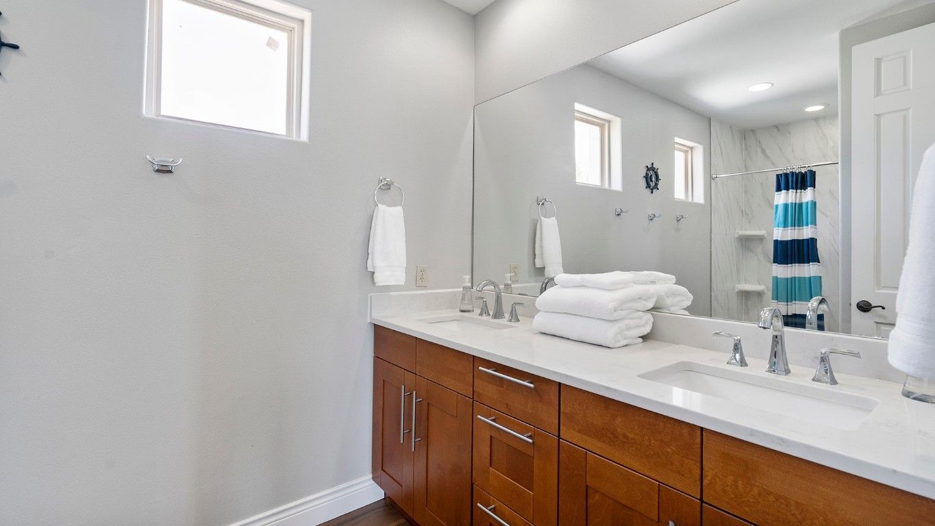 Bathroom, Dual Sink Vanities, Interior, Recessed Lighting, Wood Texture Flooring