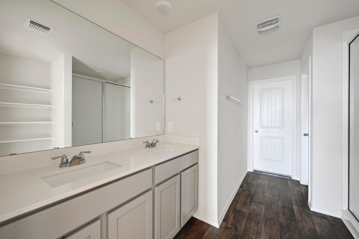 Bathroom, Dual Sink Vanities, Interior, Wood Texture Flooring
