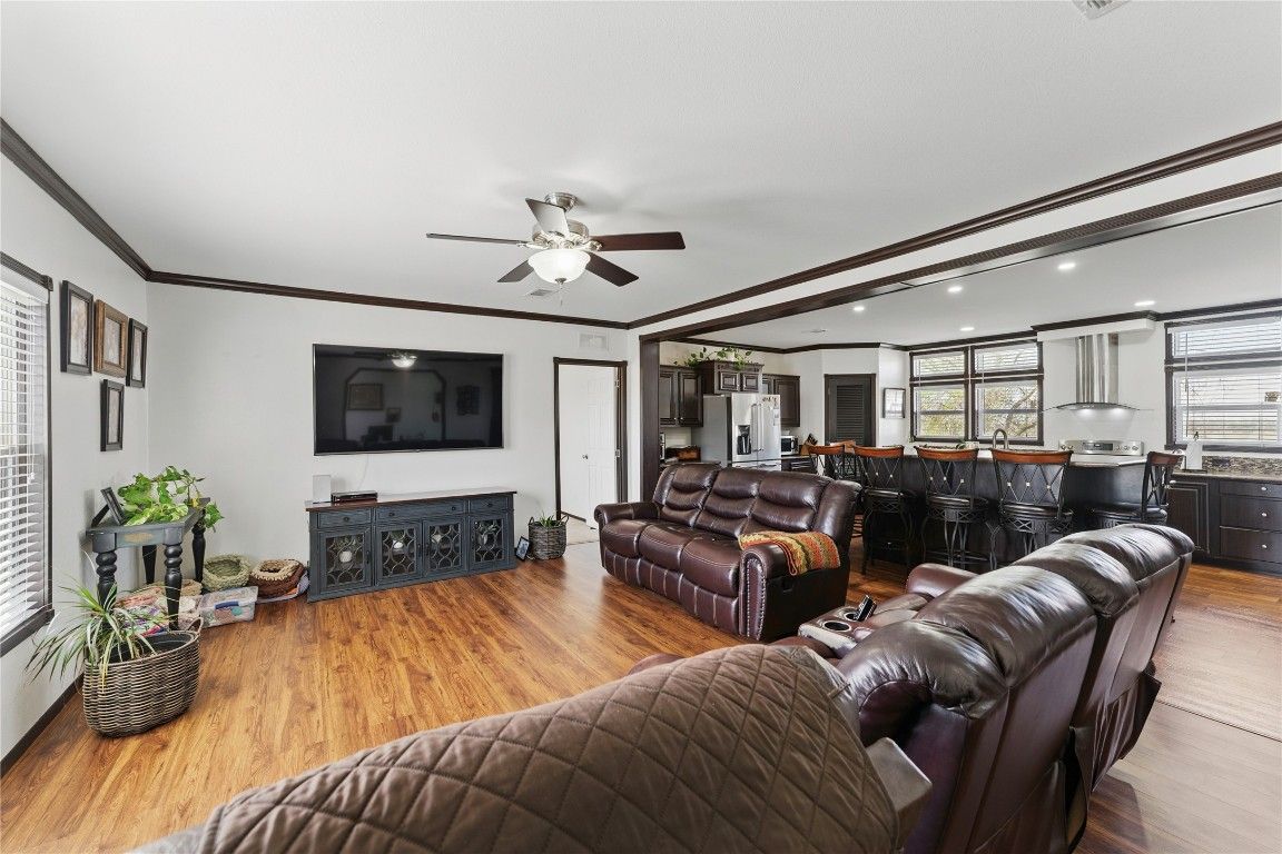 Dining room, Interior, Kitchen, Living room, Recessed Lighting, Wood Texture Flooring